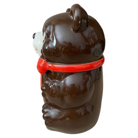 Vintage Japan Ceramic Teddy Bear Cookie Jar Red Ribbon Brown - Picture 6 of 11